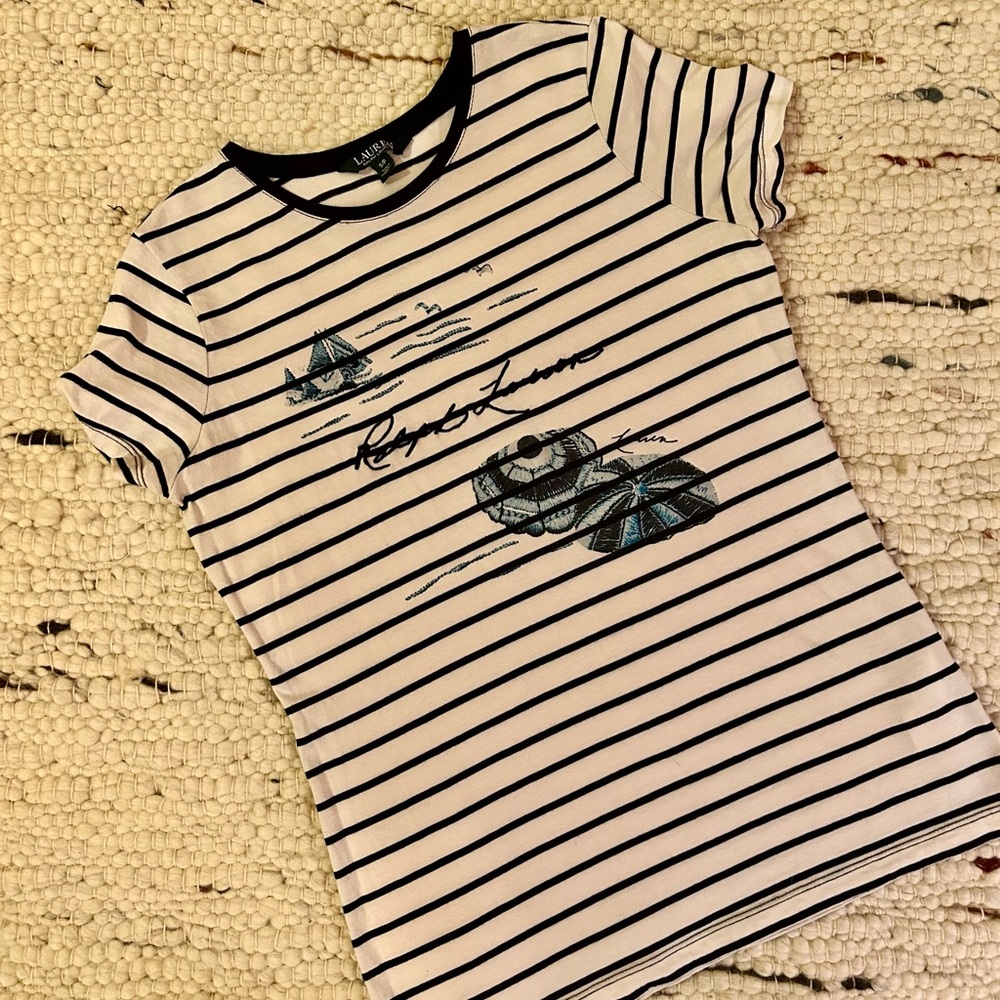 Lauren Ralph Lauren Women's Striped Logo Stretch Tee, Size Small Petite